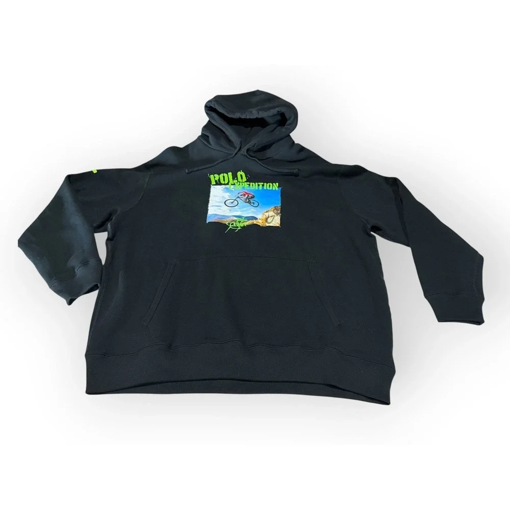 Polo Ralph Lauren Expedition Mountain Bike Graphic Hoodie Black Neon Green XL